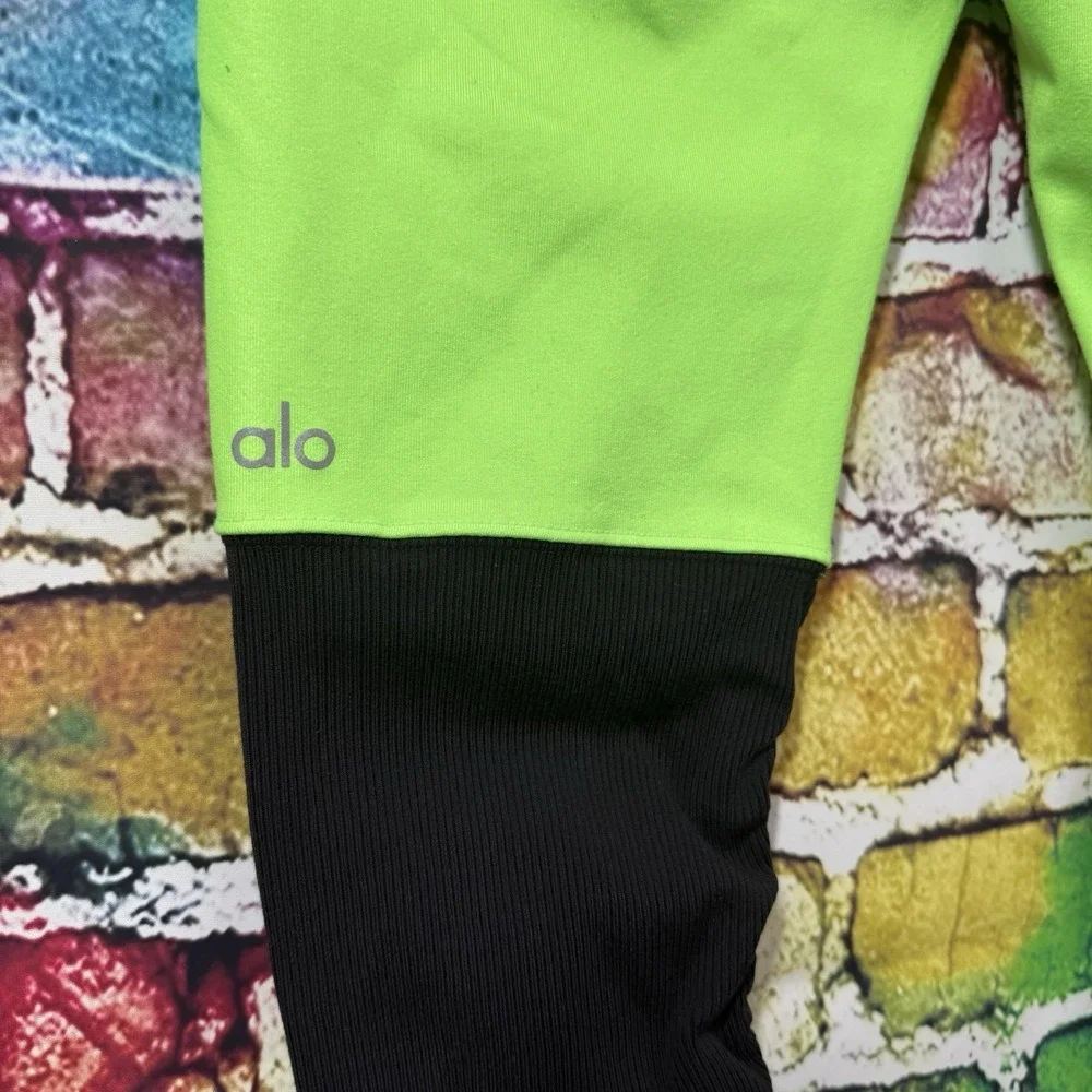 ALO Yoga Women's Neon Green Black Goddess Leggings Sz Small Ruched